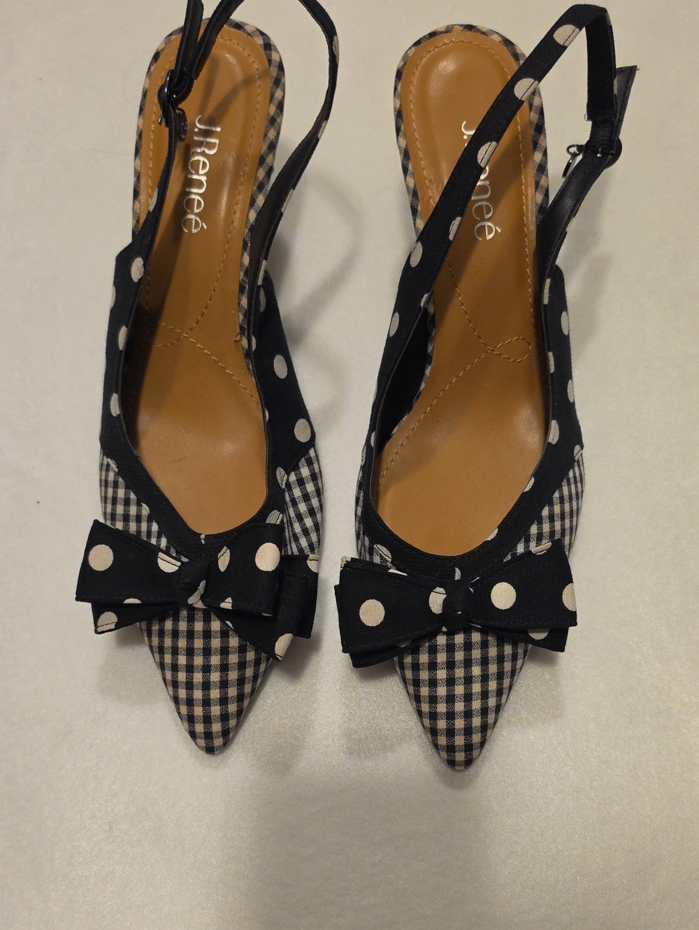 J.Renee Black & Cream Gingham Polka Dot Bow Slingback Heels